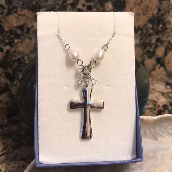 STERLING SILVER CROSS W/FRESHWATER PEARLS CRYSTAL - Picture 3 of 7
